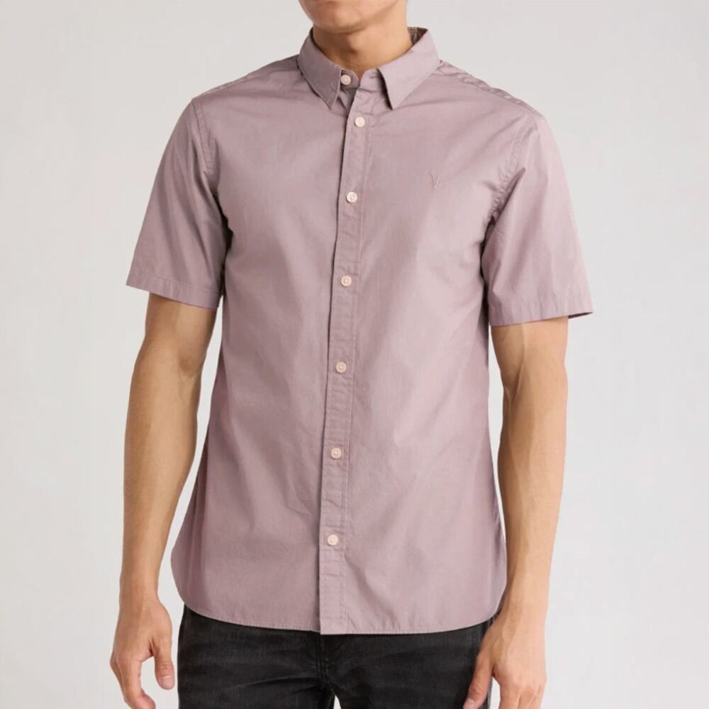 AllSaints Riviera Short Sleeve Button Up Shirt Faded Pink Size L